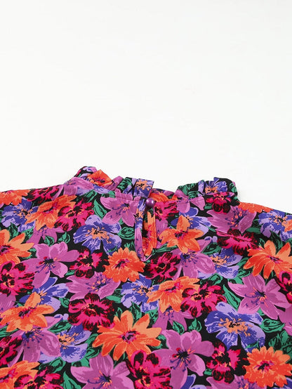 Floral Fantasy Round Neck Puff Sleeve Blouse