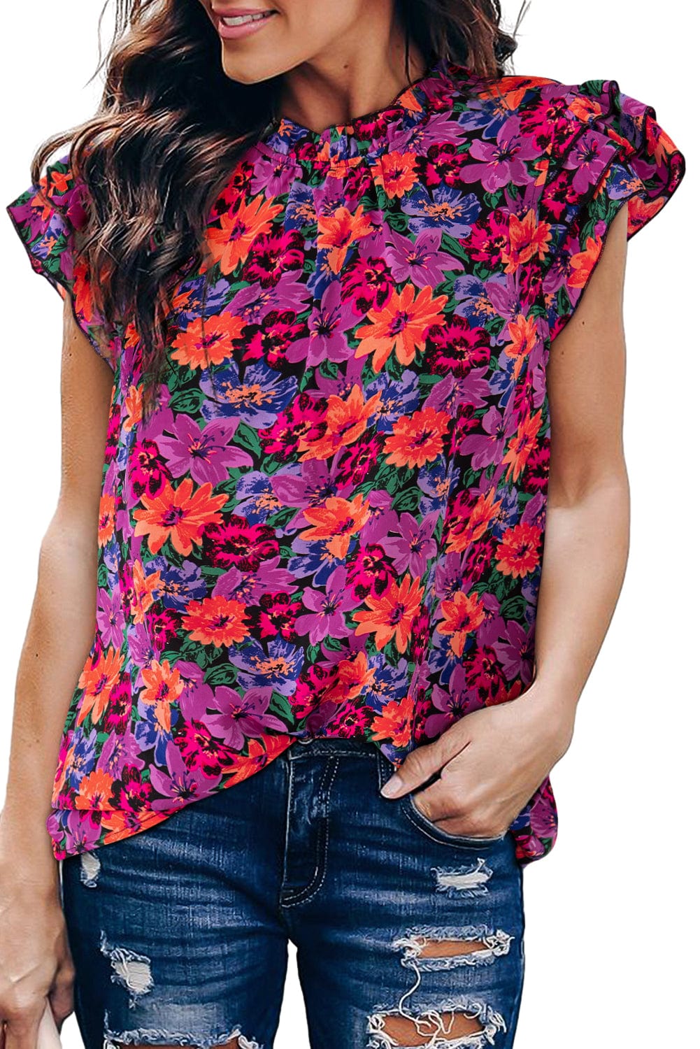 Floral Fantasy Ruffle Sleeve Shift Blouse