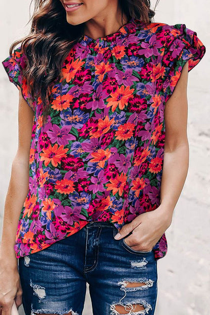 Floral Fantasy Ruffle Sleeve Shift Blouse