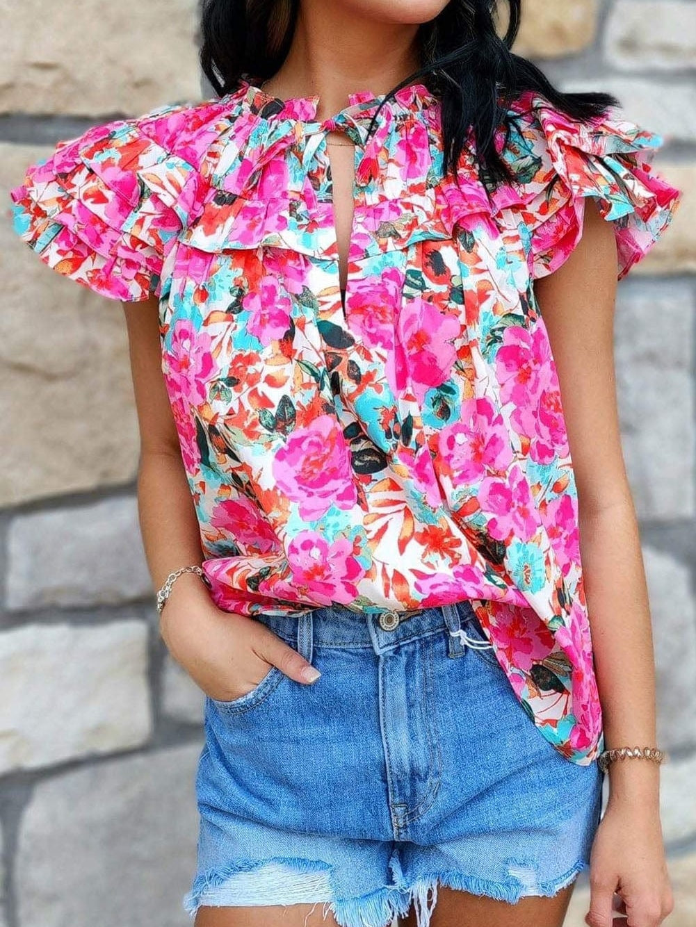 Floral Fantasy Ruffled Flutter Sleeve Pink Blouse