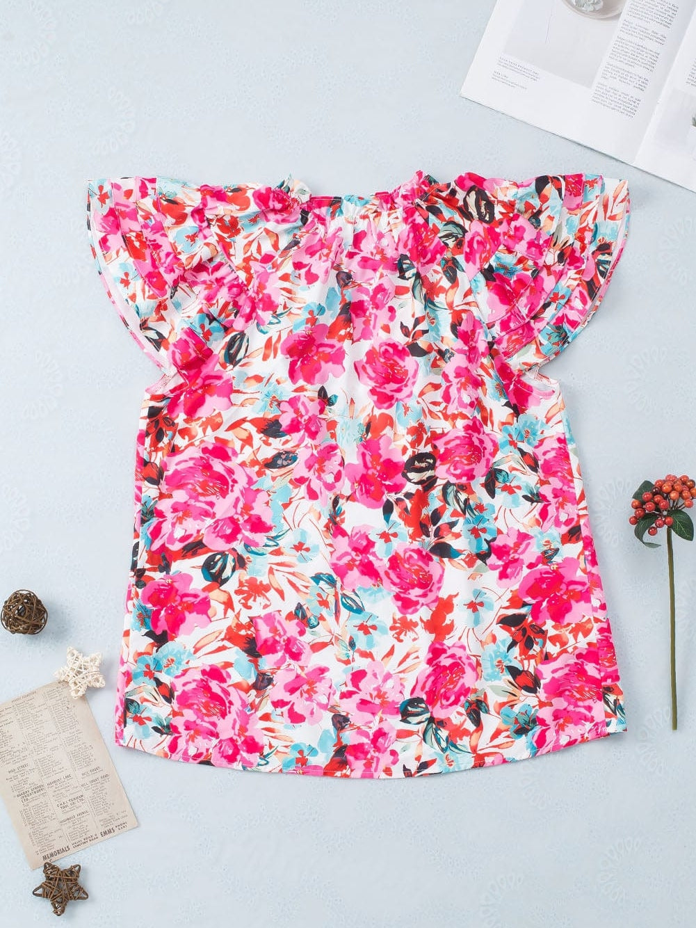 Floral Fantasy Ruffled Flutter Sleeve Pink Blouse