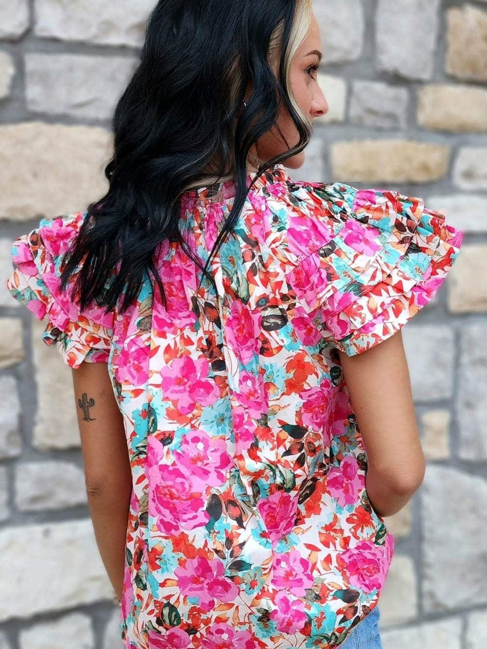 Floral Fantasy Ruffled Flutter Sleeve Pink Blouse