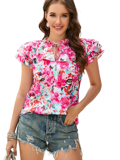 Floral Fantasy Ruffled Flutter Sleeve Pink Blouse