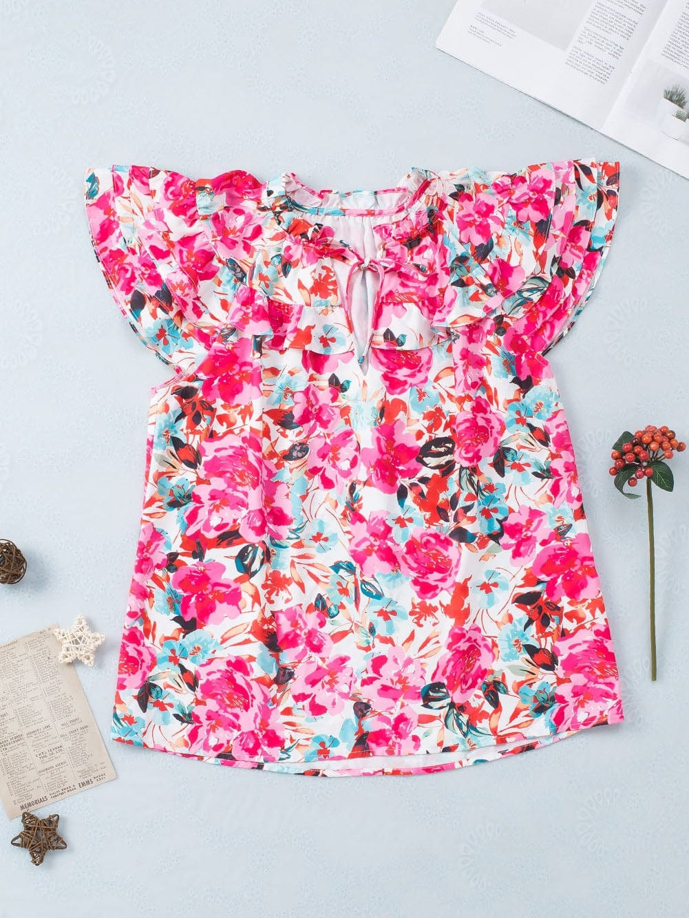 Floral Fantasy Ruffled Flutter Sleeve Pink Blouse