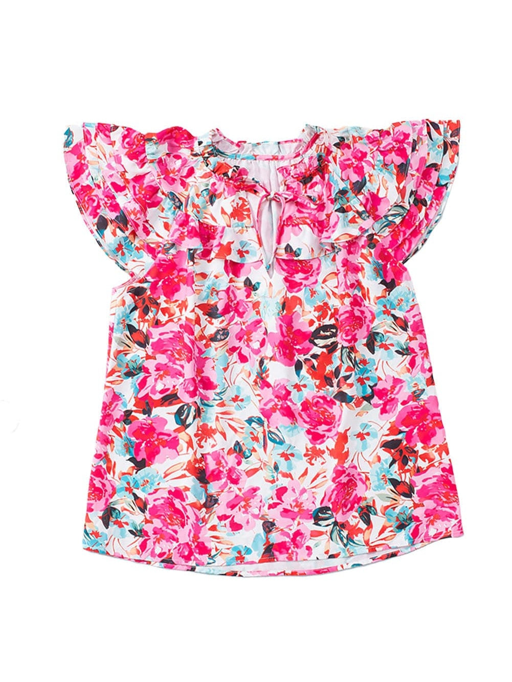 Floral Fantasy Ruffled Flutter Sleeve Pink Blouse