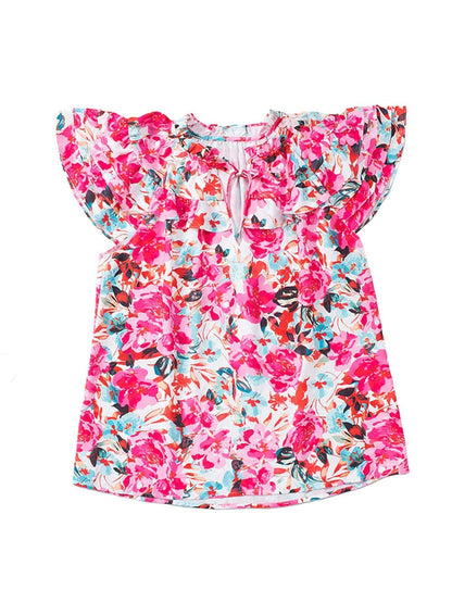 Floral Fantasy Ruffled Flutter Sleeve Pink Blouse