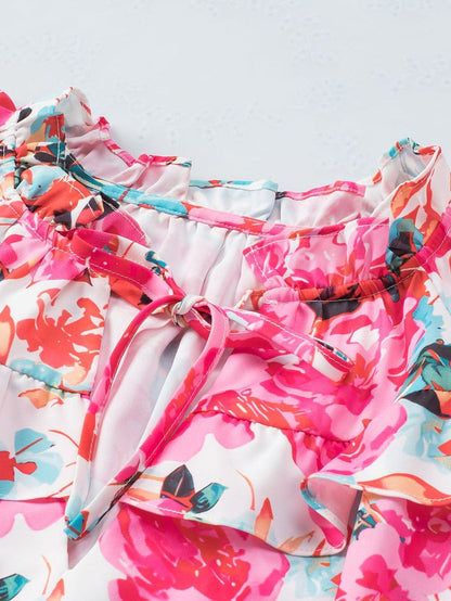 Floral Fantasy Ruffled Flutter Sleeve Pink Blouse