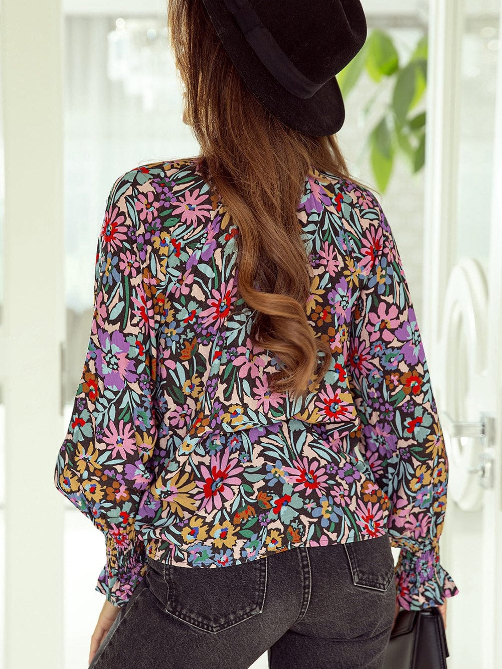 Floral Fantasy V-Neck Ruffle Sleeve Blouse