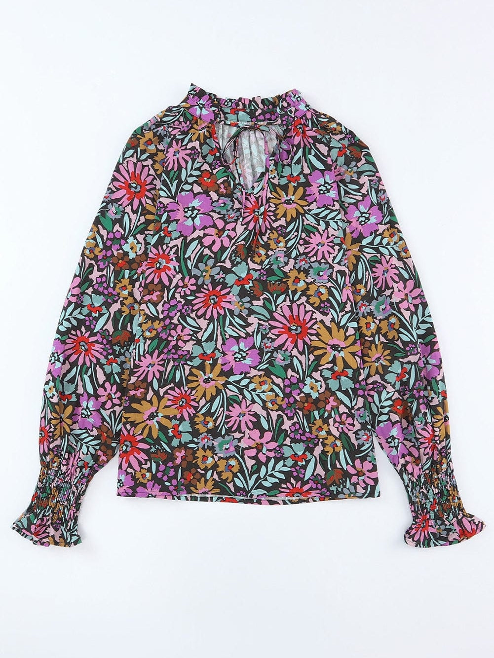 Floral Fantasy V-Neck Ruffle Sleeve Blouse