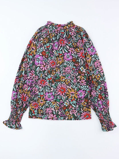 Floral Fantasy V-Neck Ruffle Sleeve Blouse