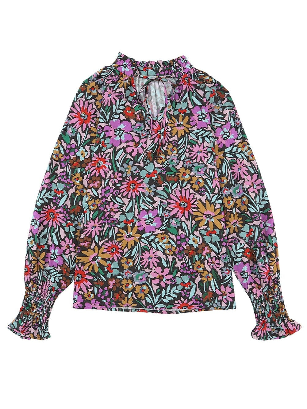 Floral Fantasy V-Neck Ruffle Sleeve Blouse