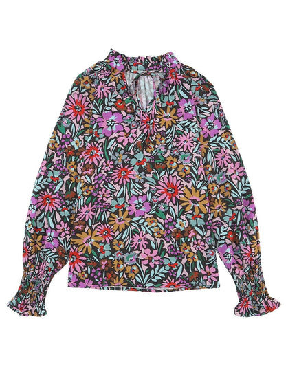 Floral Fantasy V-Neck Ruffle Sleeve Blouse