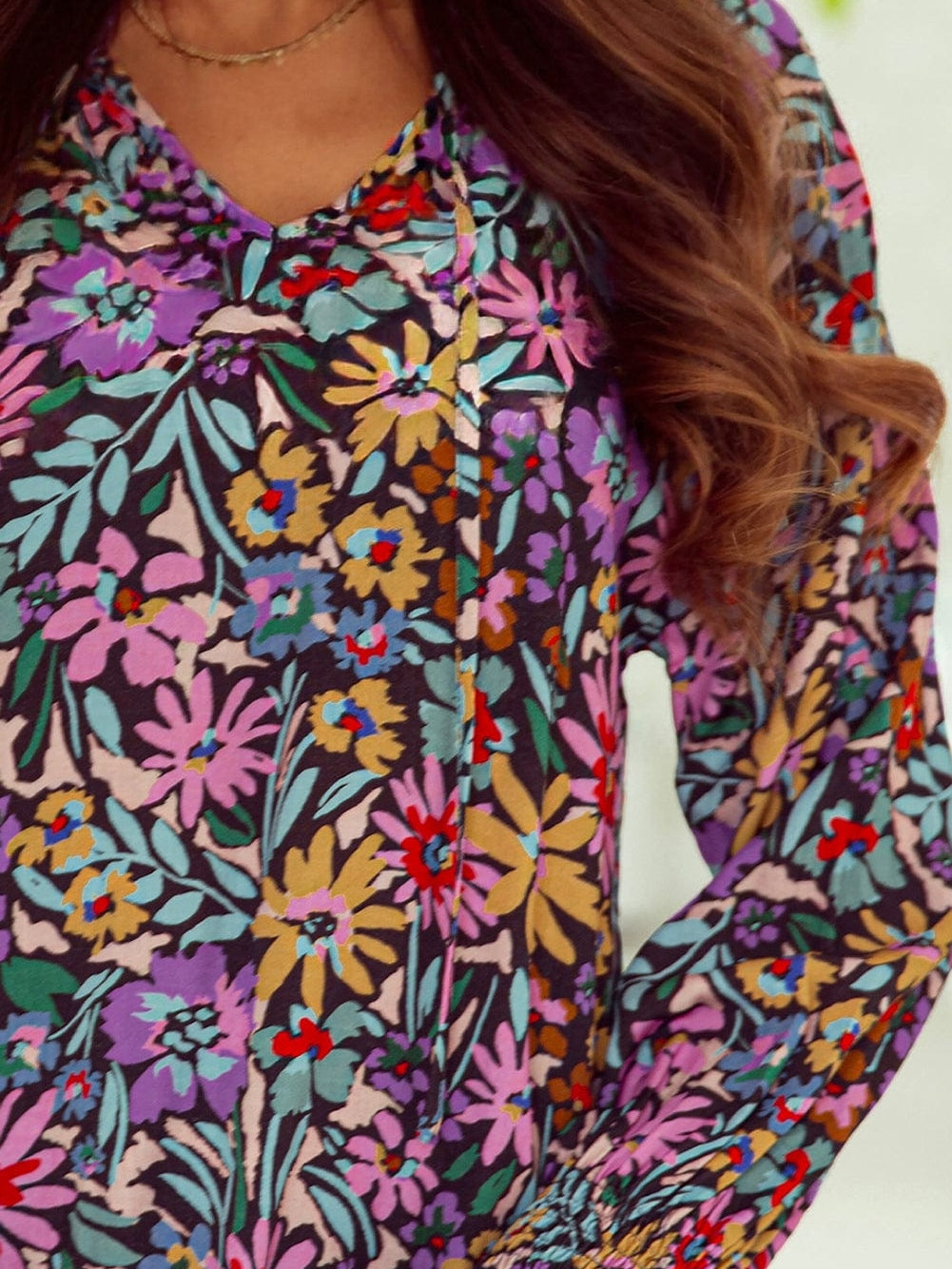 Floral Fantasy V-Neck Ruffle Sleeve Blouse