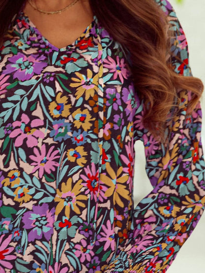 Floral Fantasy V-Neck Ruffle Sleeve Blouse