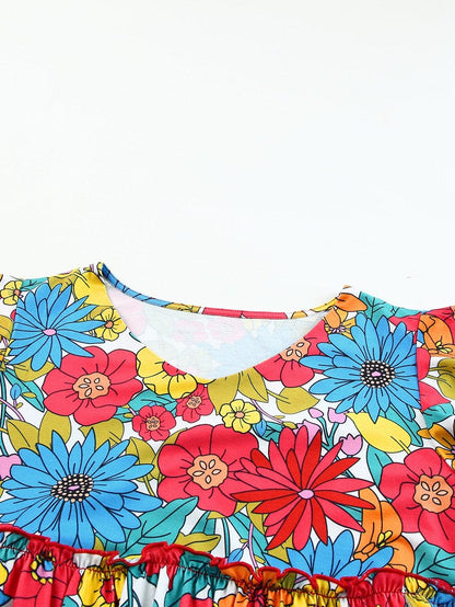 Floral Fiery Red Babydoll Top with V Neck Ruffles