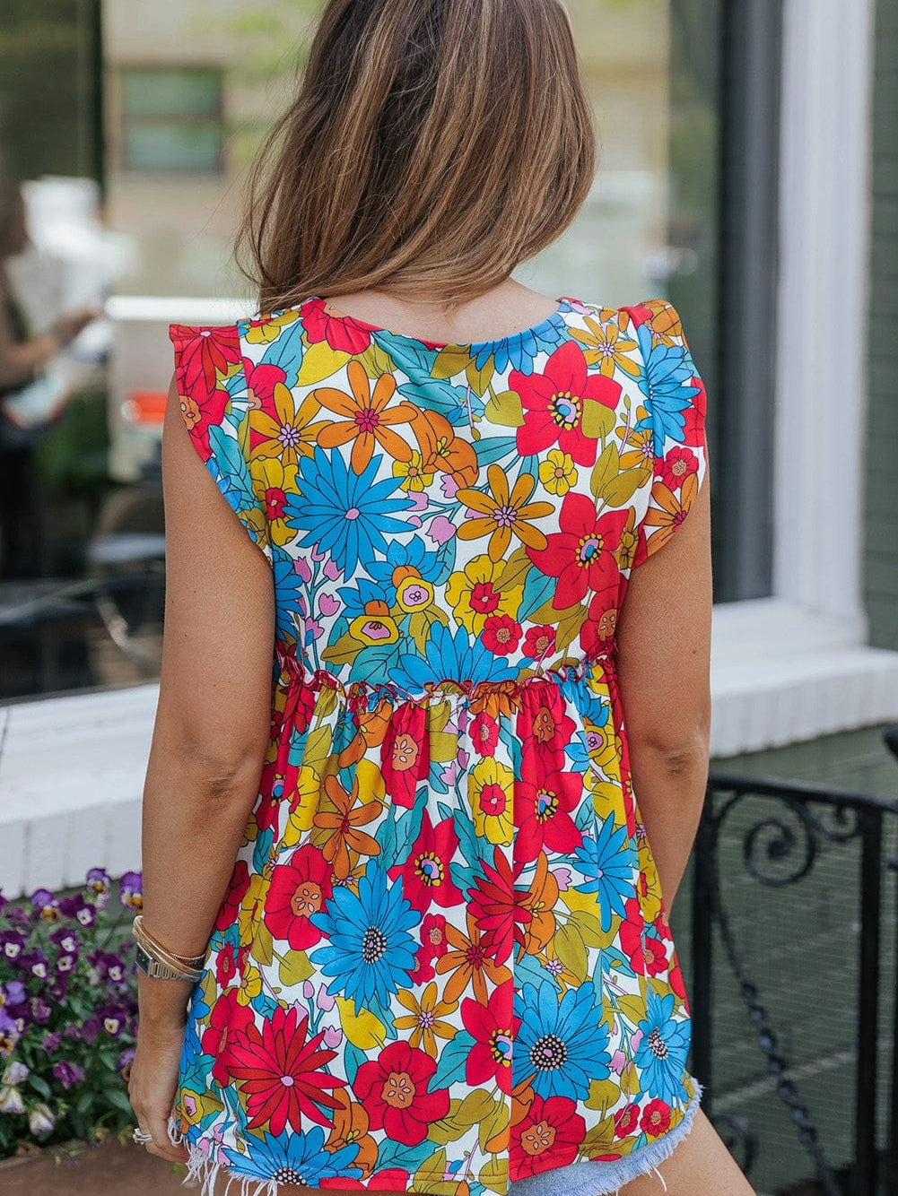 Floral Fiery Red Babydoll Top with V Neck Ruffles