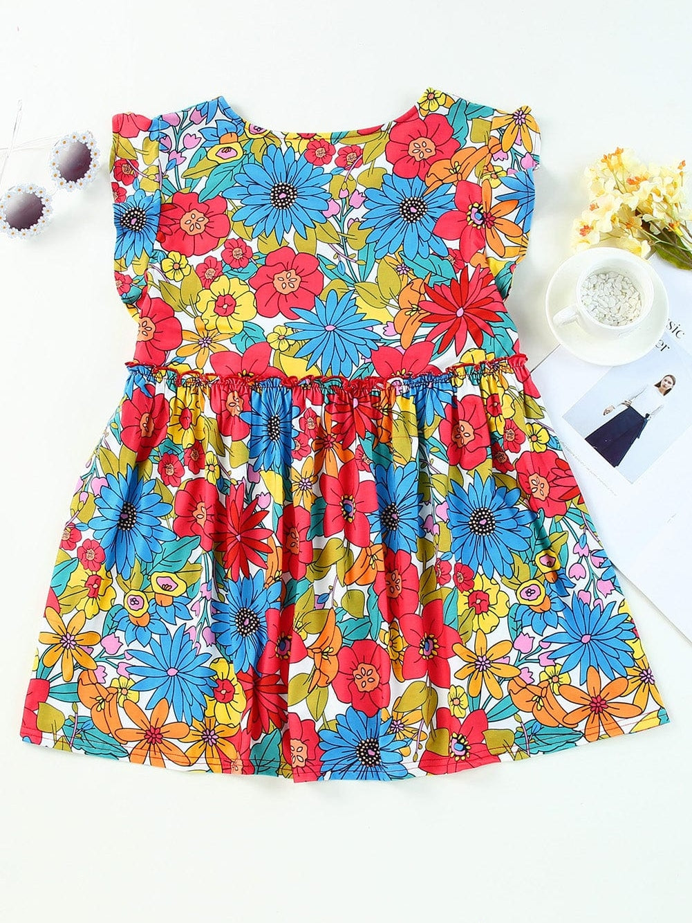 Floral Fiery Red Babydoll Top with V Neck Ruffles