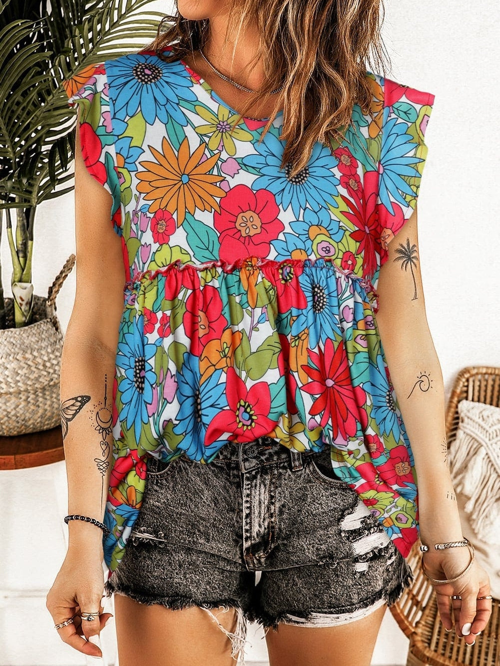 Floral Fiery Red Babydoll Top with V Neck Ruffles