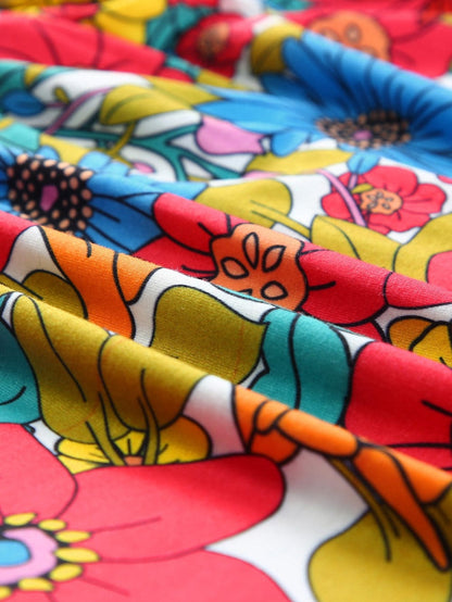 Floral Fiery Red Babydoll Top with V Neck Ruffles