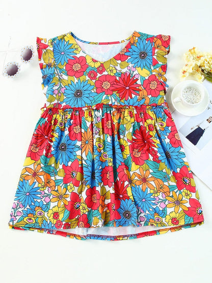 Floral Fiery Red Babydoll Top with V Neck Ruffles