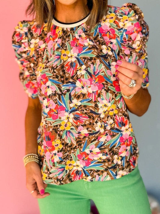 Floral Flutter Sleeve Brown Striped Neckline Blouse