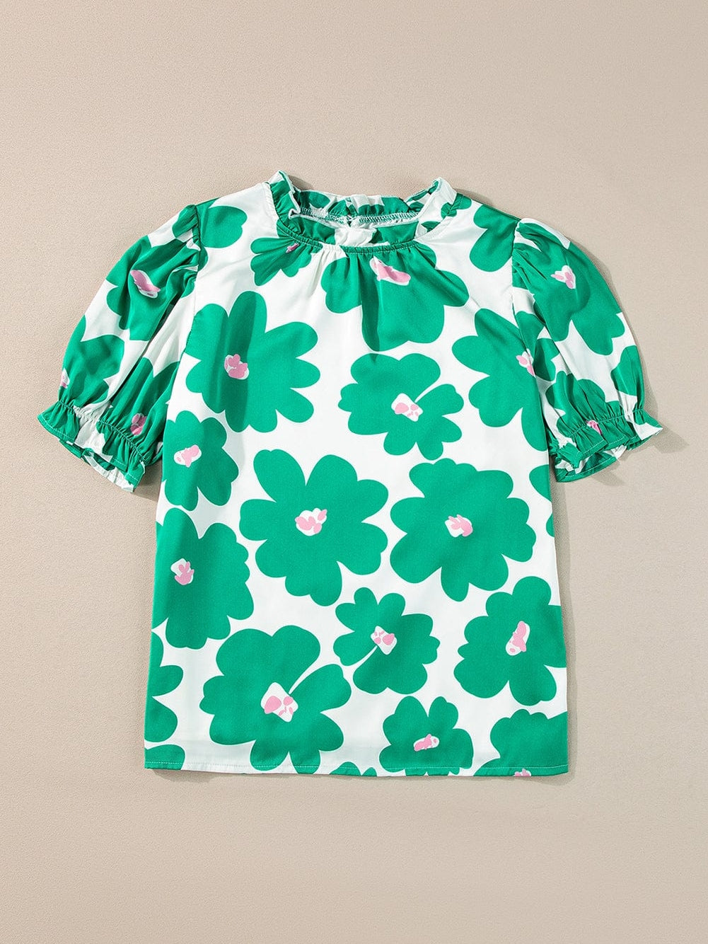 Floral Green Satin Puff Sleeve Ruffle Blouse