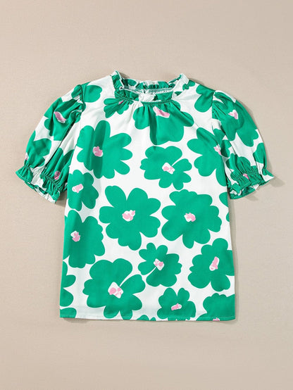 Floral Green Satin Puff Sleeve Ruffle Blouse