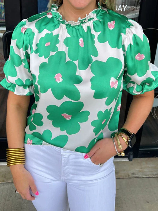 Floral Green Satin Puff Sleeve Ruffle Blouse