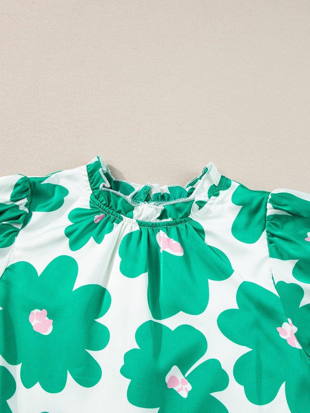 Floral Green Satin Puff Sleeve Ruffle Blouse