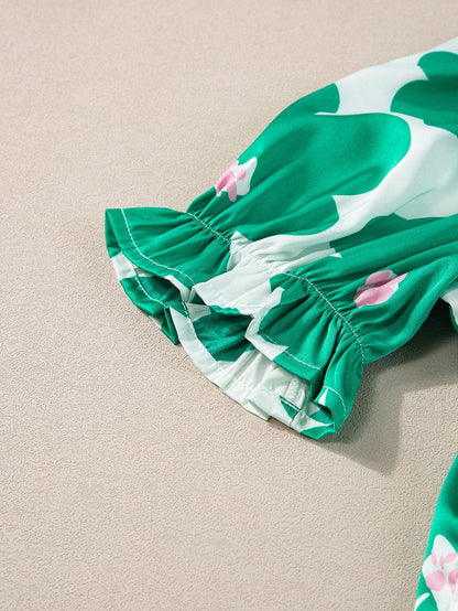 Floral Green Satin Puff Sleeve Ruffle Blouse