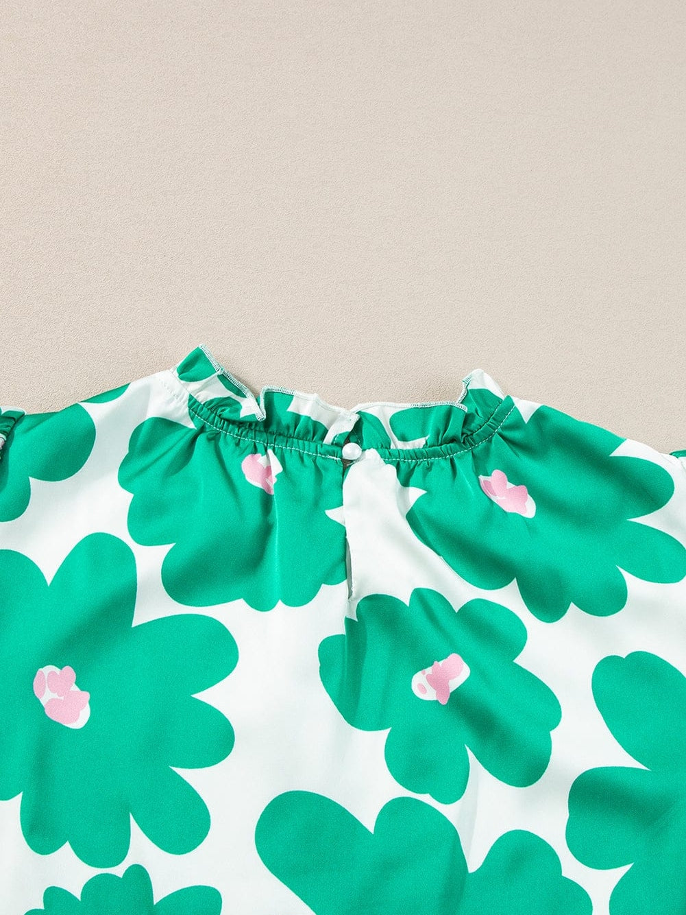 Floral Green Satin Puff Sleeve Ruffle Blouse