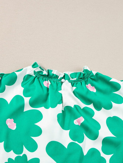 Floral Green Satin Puff Sleeve Ruffle Blouse
