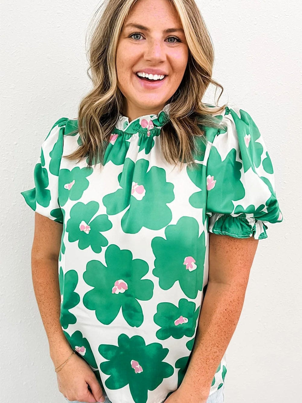 Floral Green Satin Puff Sleeve Ruffle Blouse