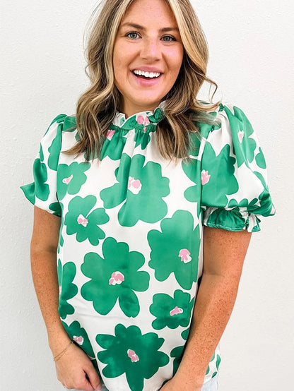 Floral Green Satin Puff Sleeve Ruffle Blouse