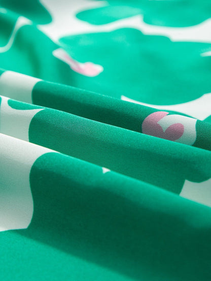 Floral Green Satin Puff Sleeve Ruffle Blouse