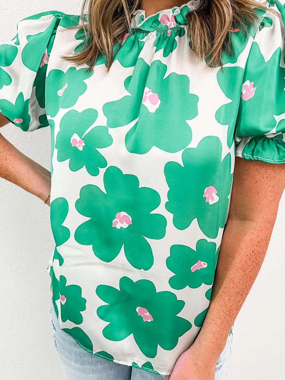Floral Green Satin Puff Sleeve Ruffle Blouse