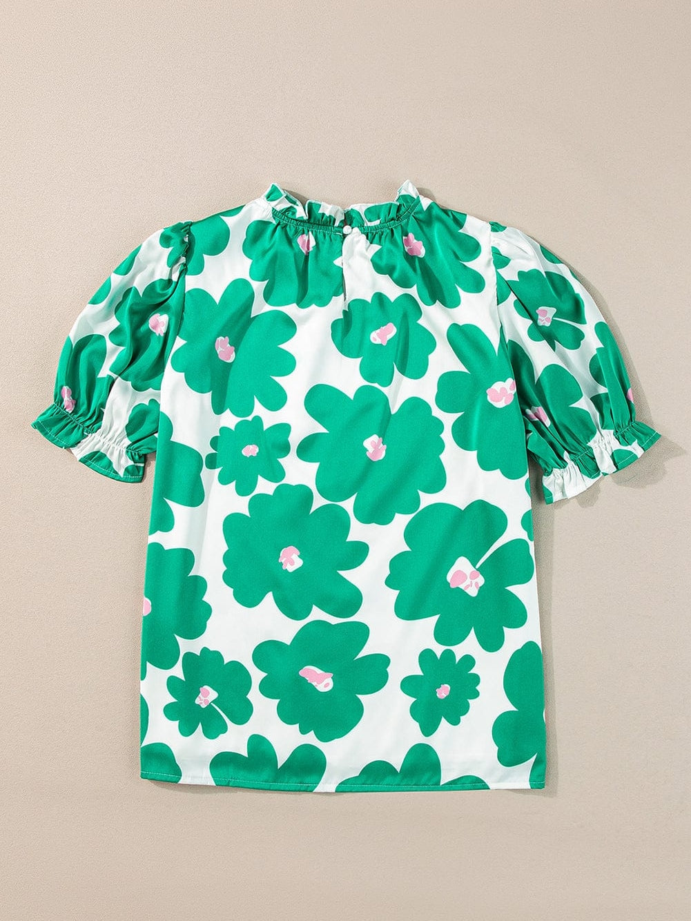 Floral Green Satin Puff Sleeve Ruffle Blouse