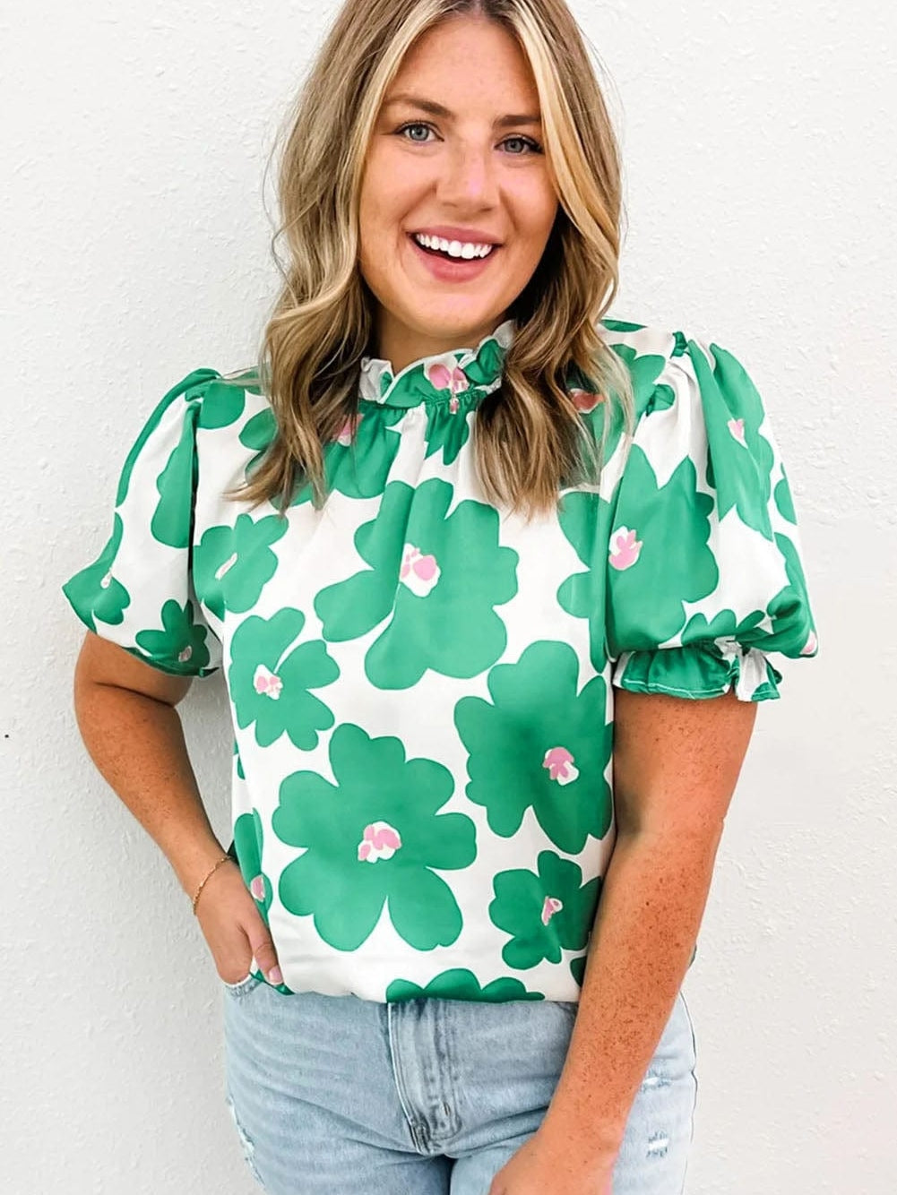 Floral Green Satin Puff Sleeve Ruffle Blouse