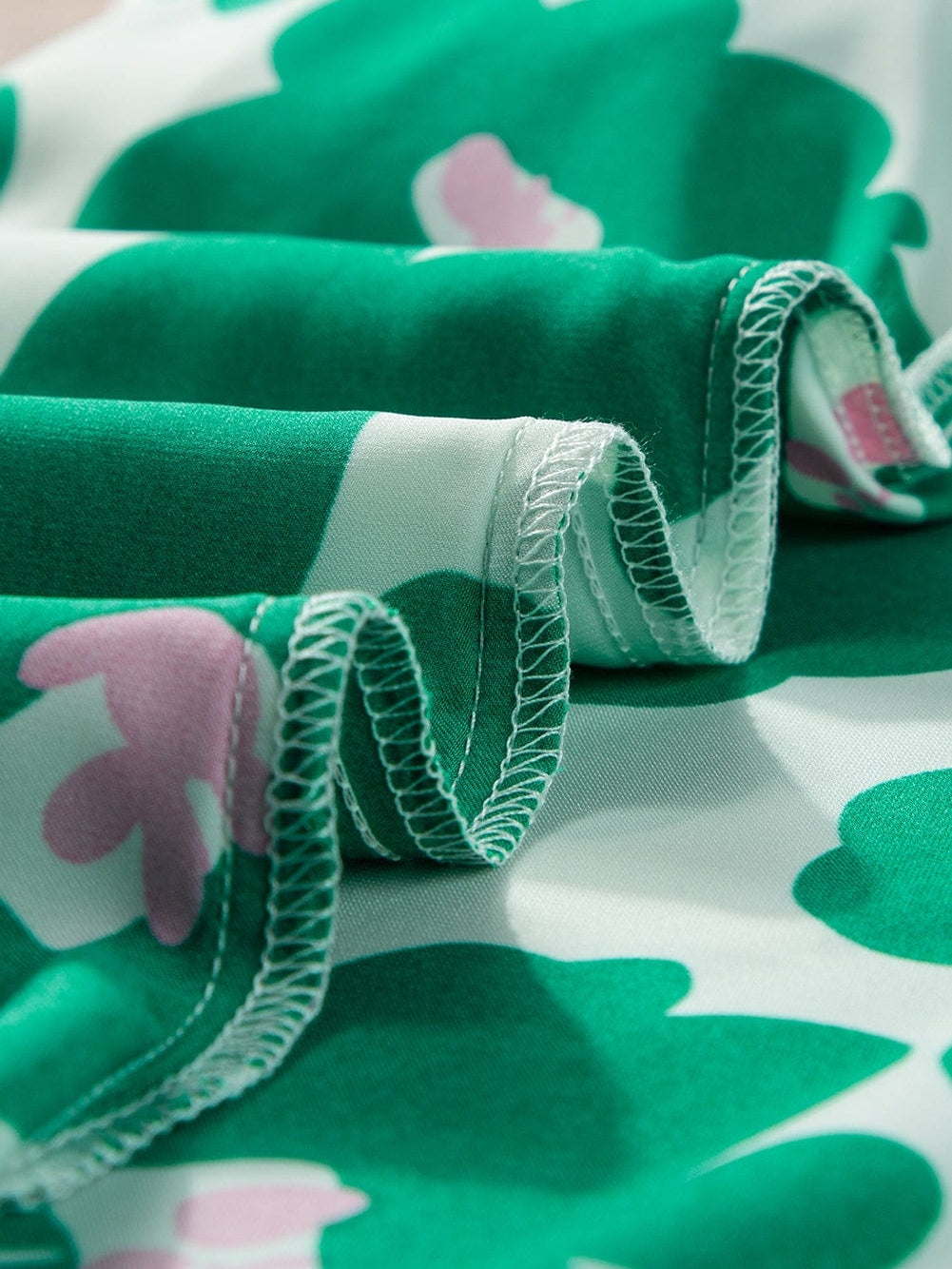 Floral Green Satin Puff Sleeve Ruffle Blouse