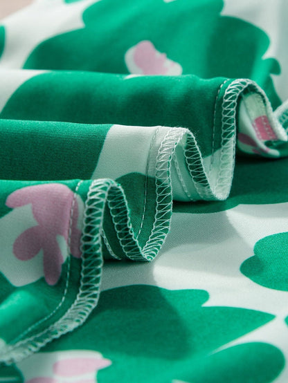 Floral Green Satin Puff Sleeve Ruffle Blouse