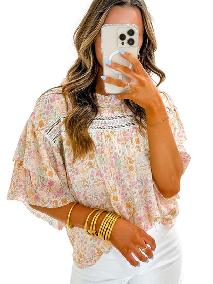 Floral Lace Accent Ruffle Sleeve Blouse