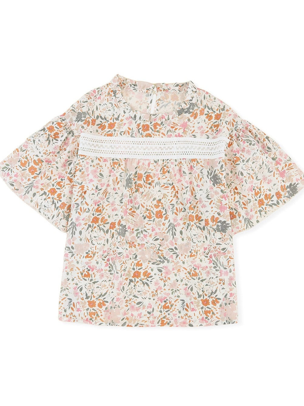 Floral Lace Accent Ruffle Sleeve Blouse