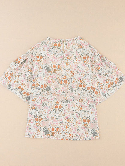 Floral Lace Accent Ruffle Sleeve Blouse