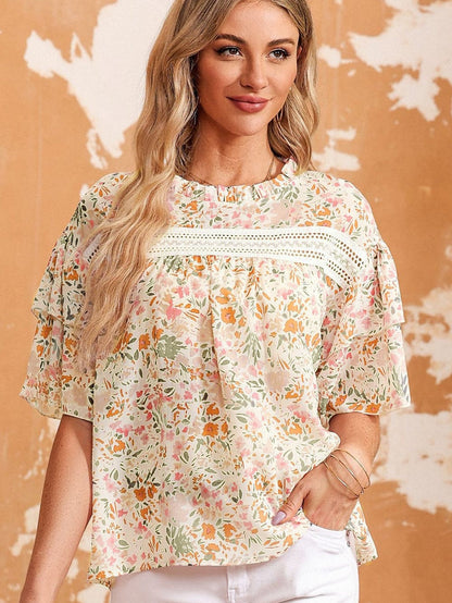 Floral Lace Accent Ruffle Sleeve Blouse