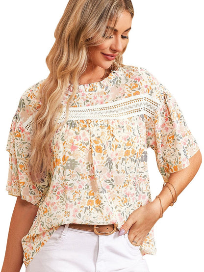 Floral Lace Accent Ruffle Sleeve Blouse