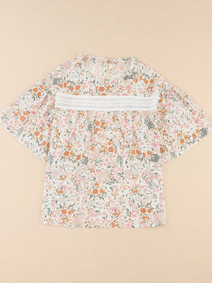 Floral Lace Accent Ruffle Sleeve Blouse