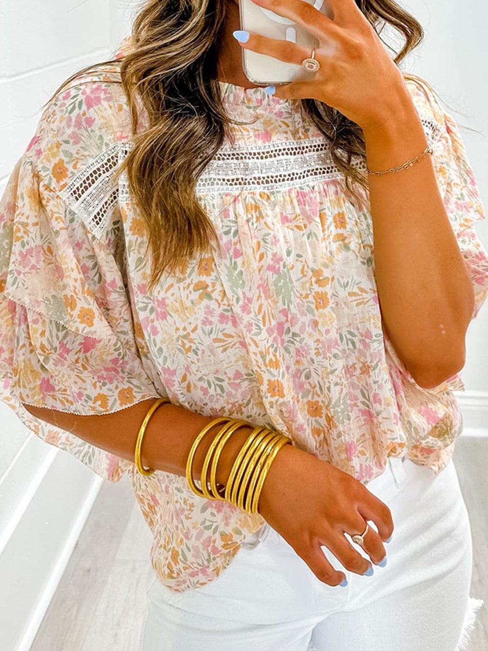 Floral Lace Accent Ruffle Sleeve Blouse