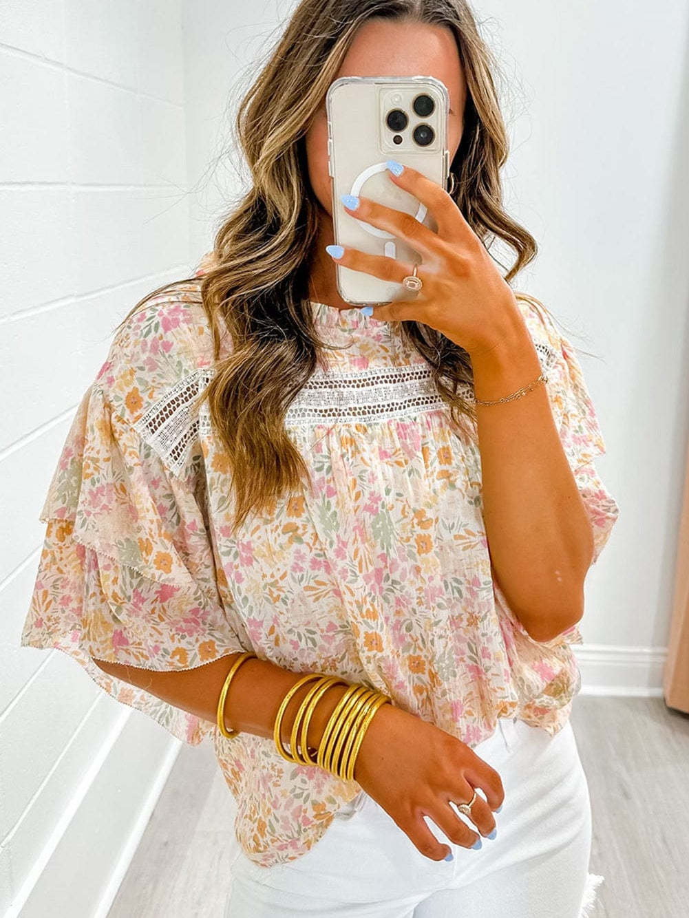 Floral Lace Accent Ruffle Sleeve Blouse