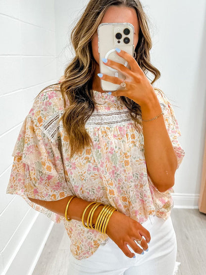 Floral Lace Accent Ruffle Sleeve Blouse