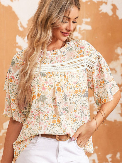 Floral Lace Accent Ruffle Sleeve Blouse